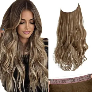 SARLA Invisible Wire Hair Extensions with 3 Clips Long Synthetic Wavy Curly Hairpiece Adjustable Transparent Headband for Women 22 Inch Ash Medium Brown/Ash Blonde Highlights