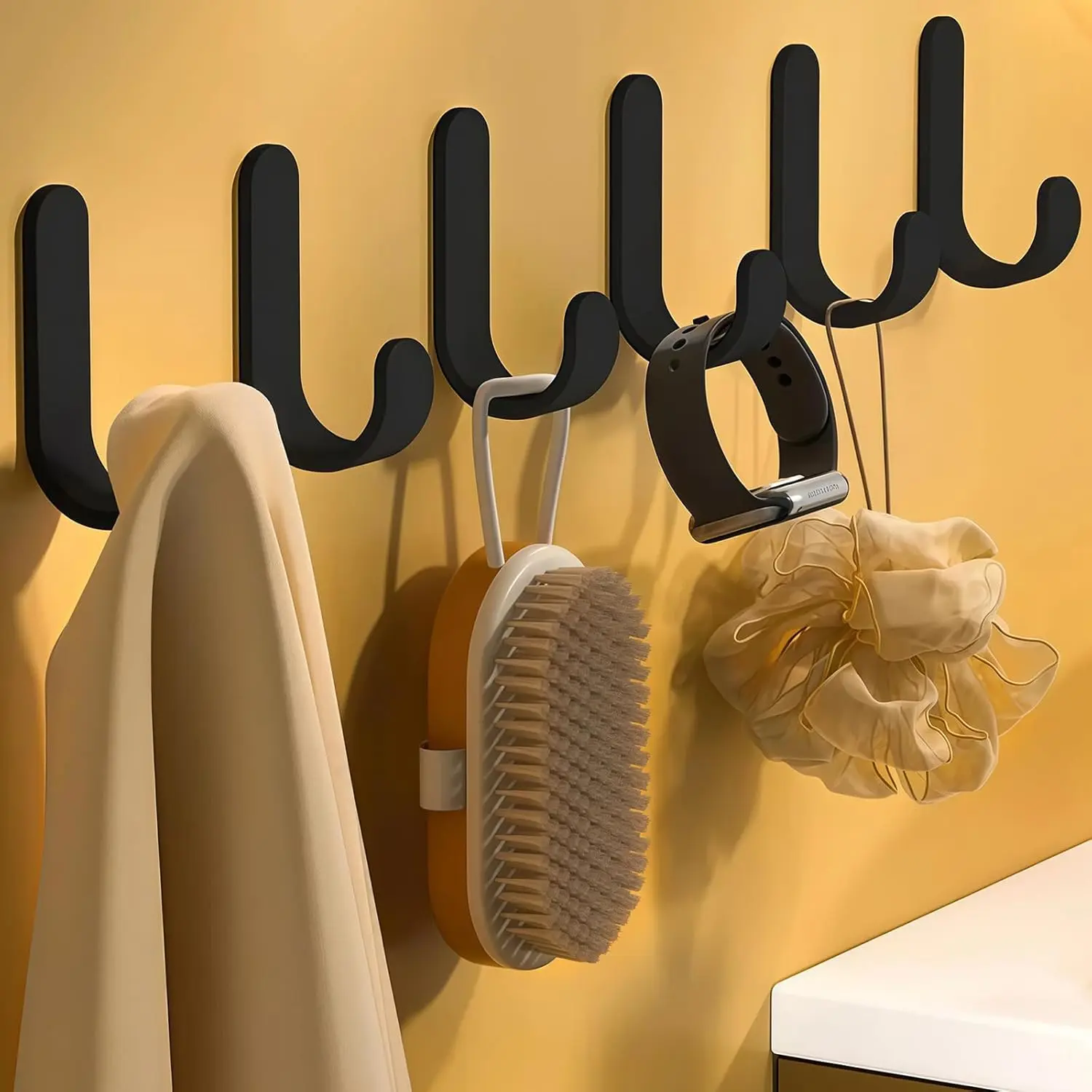 Adhesive Hooks, 6 Pcs/Set, Heavy Duty Hold 10Lbs, Stainless Steel Black Wall Hanger, Adhesive Hanger for Hanging, Metal Sticky J Strip Hooks, for Hat, Coat, Picture, Backpack