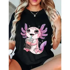 Cotton Unisex Axolotl shirt Cute Kawaii Anime Boba Tea Boys Girls T-Shirt