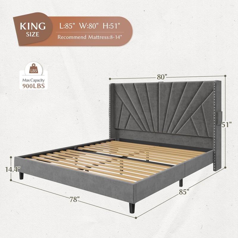 Raybee Full/ Queen/King Size Bed Frame with 51" Velvet Upholstered Headboard, up to 900 LBS ,Platform Bedframe with Charging Station and LED Lights, Wingback Headboard, No Box Spring Needed, Noise-Free[Black Friday]