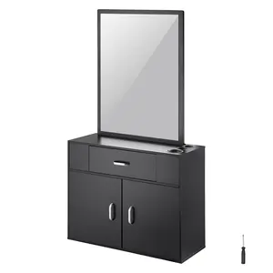 【FathersDayGift】VEVOR Salon Organizer,  , Wall-Hanging Unit for Hairdressers, Complete with 3 Holders, Mirror, Dual-Door Storage, and Single Drawer, Black