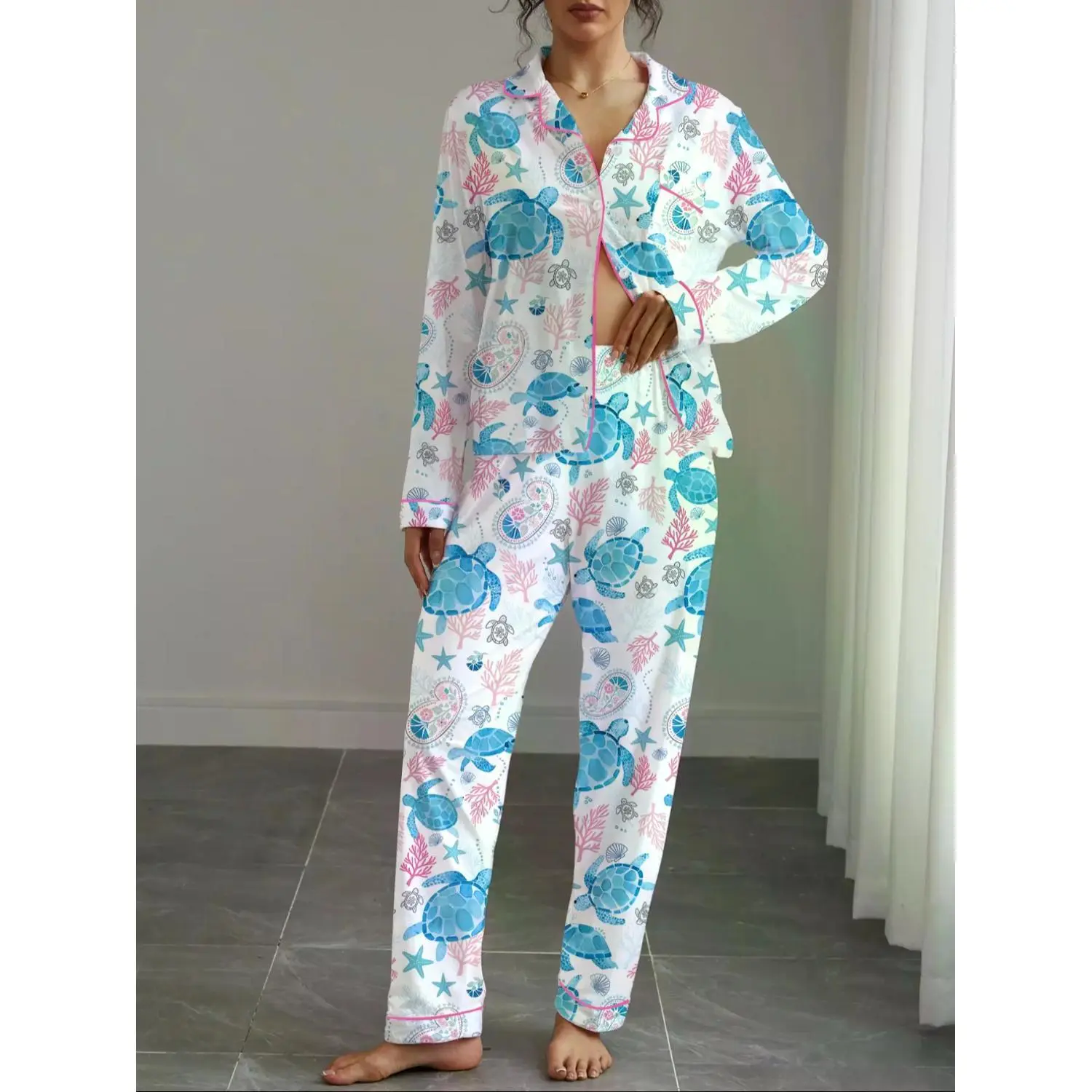 Women's Autumn Winter Home Wear Set, Soft Fabric Turtle Print Pajamas, Casual Long Sleeve Shirt & Elastic Pants, Comfortable