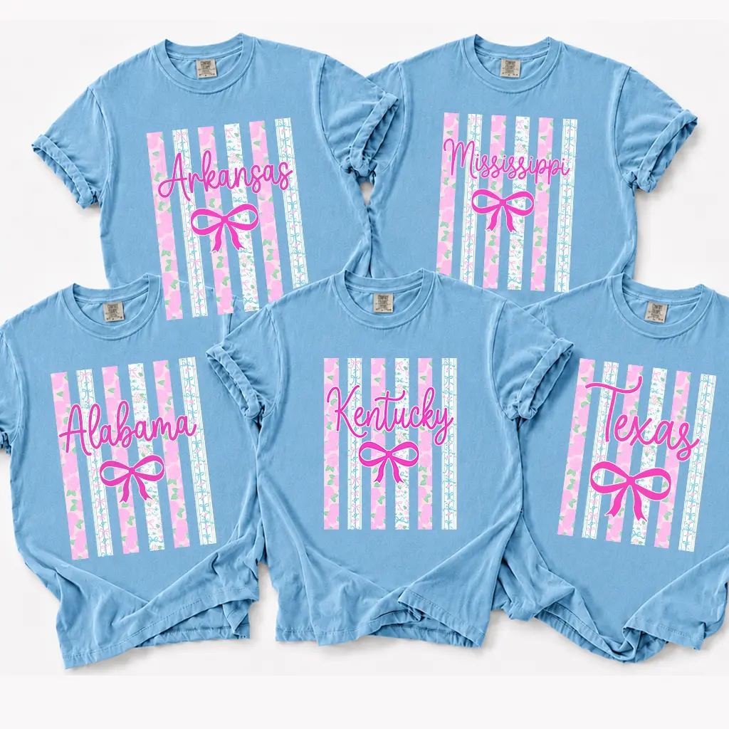 Comfort Colors All States Bow Shirt, Coquette Aesthetic States Tee, Personalized Gift for Her Floral Stripe Ribbon Graphic T-Shirt, Vintage Soft Washed Women Tee, USA States Pride Gift, Cute Girly Shirt – DPCLICK