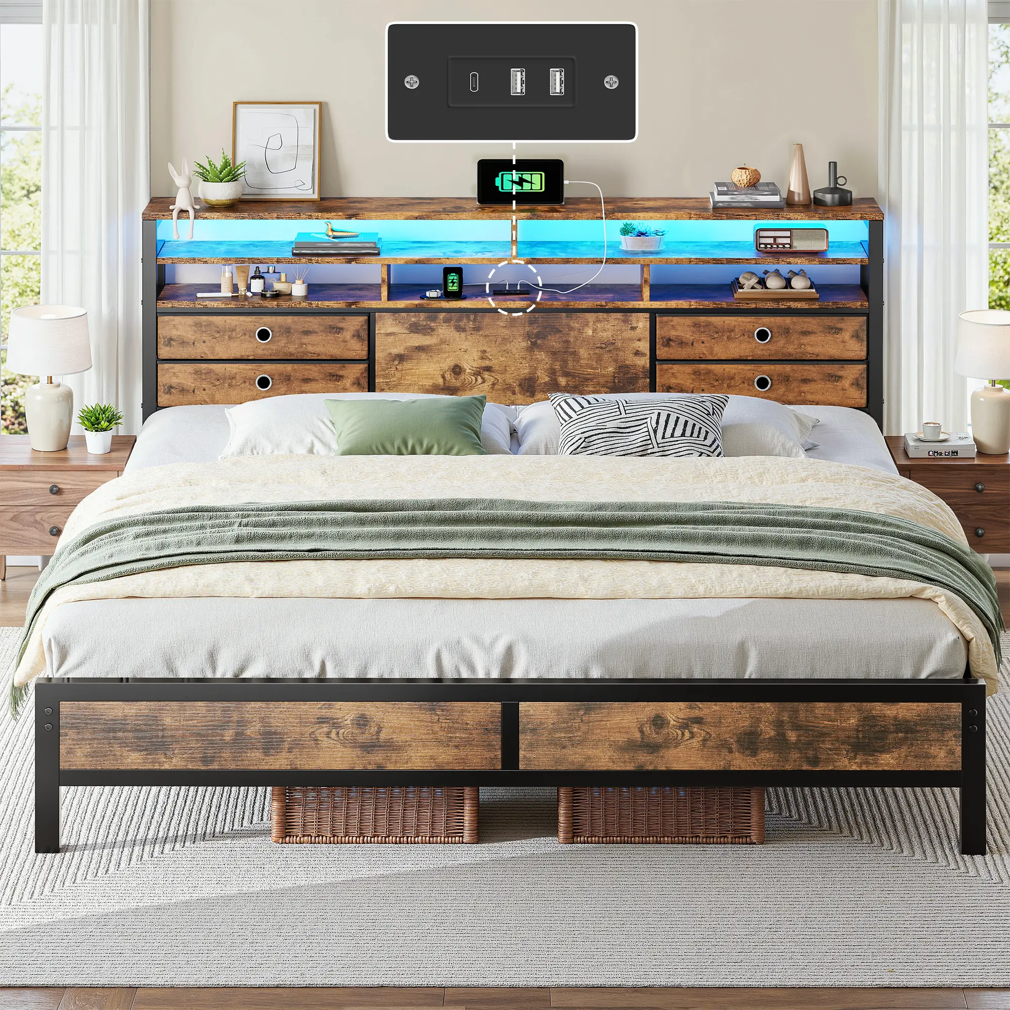 Raybee Industrial Rustic Bed Frame with 4 Storage Drawers & 3 Tiers Shelves Bookcase Headboard, LED Lights & Charging Station, Platform Bed with USB & Type-C Ports Noise-Free Heavy Duty 1100lbs Support, 13.6” Underbed Storage, Full Queen King, Black Brown