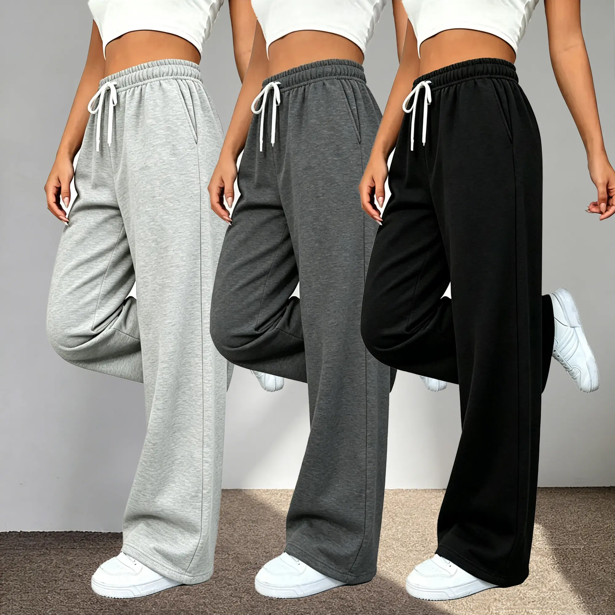 Women’s straight-leg athletic sweatpants set — breathable, lightweight, drapey floor-length wide-leg pants with an elastic waistband and drawstring; versatile casual long pants