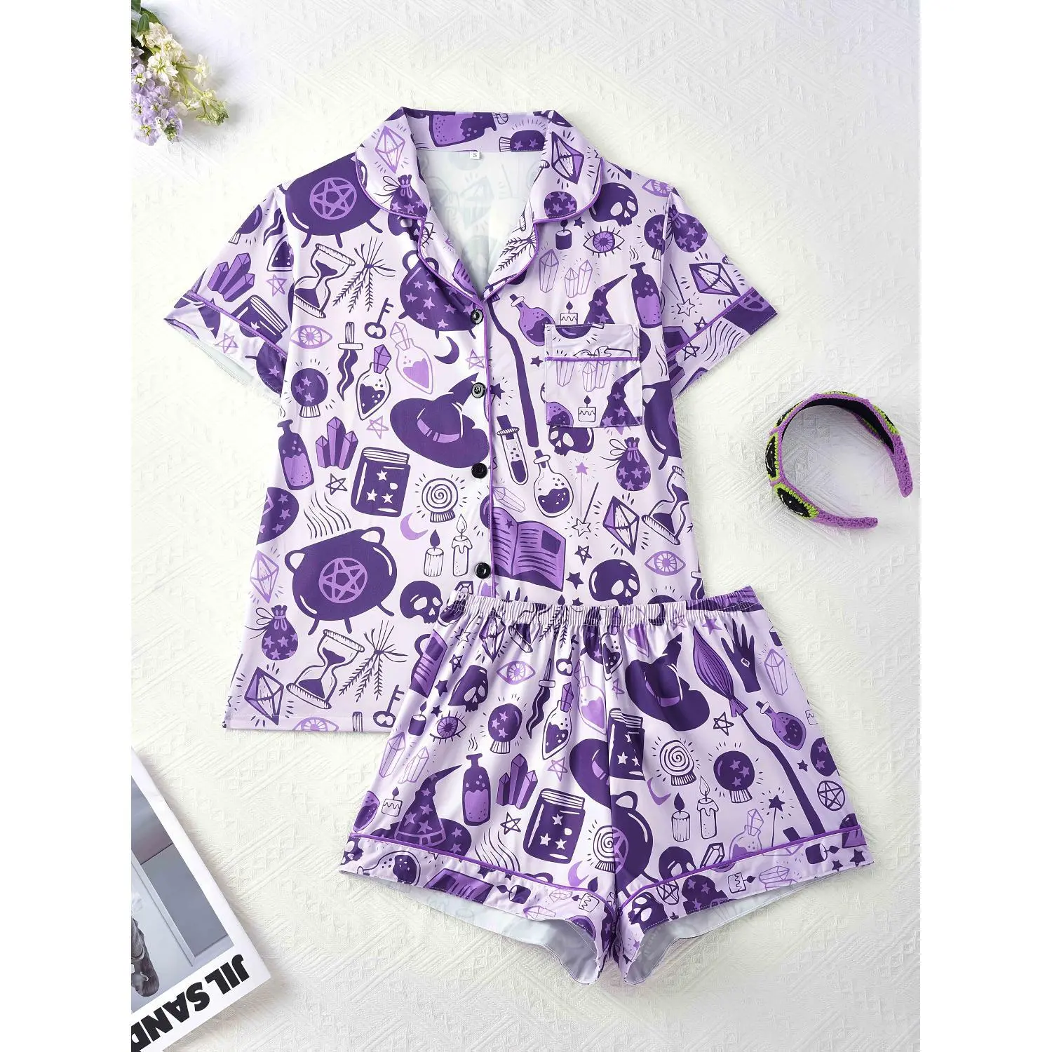 Halloween Pumpkin Print Women's Loungewear Set | Oversized Lapel Short-Sleeve Shirt & Elastic Shorts | Adorable Magic Hat Design | Casual Indoor & Outdoor Outfit