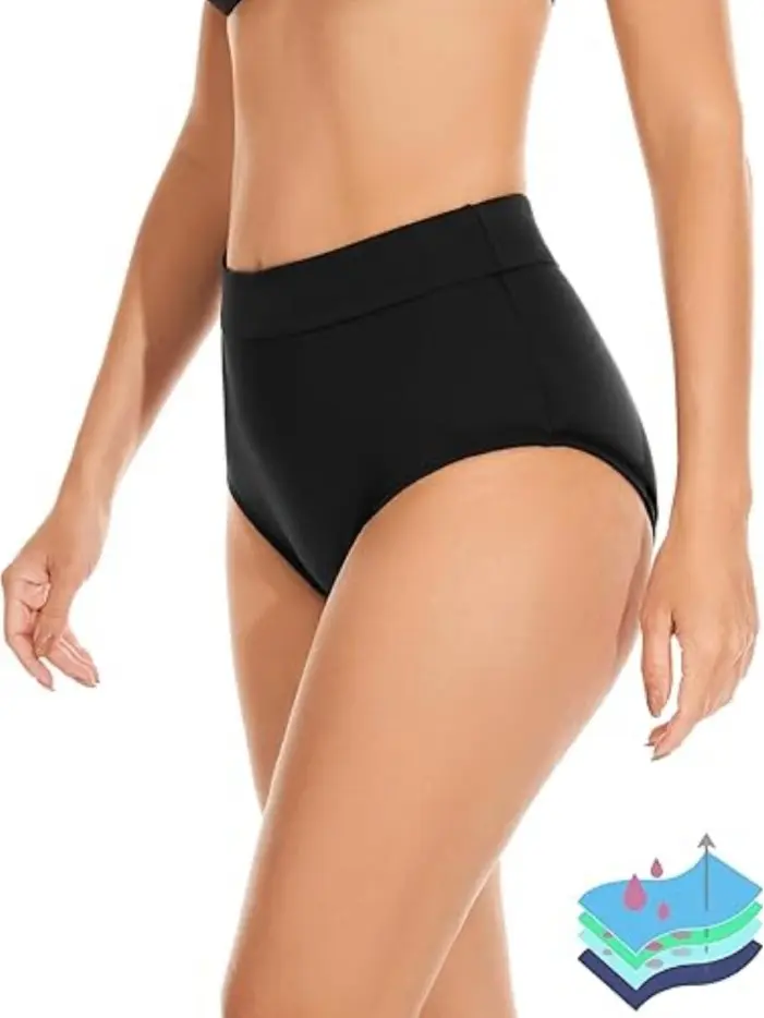 LEOVQN Women's High-Waisted Leakproof Period Bikini Bottoms, Eco-Friendly Recycled Fabric, Reusable, Discreet Look for Light Flow, UPF 50+, Anti-Odour, Lightweight, Breathable, Ideal for Teens' First Periods & Play