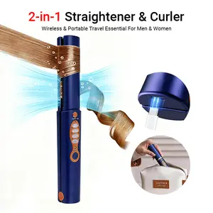 Cordless Hair Straightener, 5000mAh Portable Titanium Flat Iron, Wireless Mini 2-in-1 Straightener & Curler, Travel-Friendly Design, Heats Up Fast, Max 210°C / 410°F