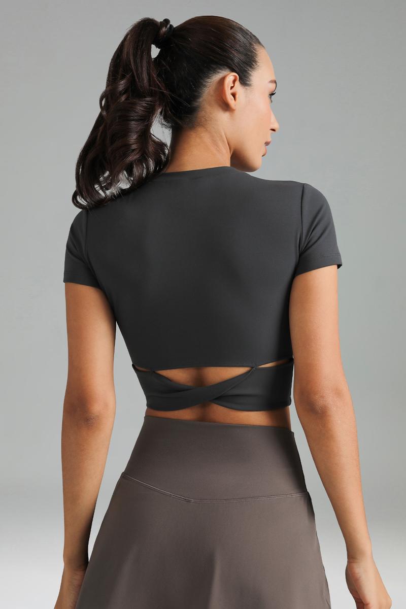 Colorfulkoala Dreamlux Short Sleeve Cropped Workout Shirt with Crisscross Back, Black, Versatile Design for Various Outfits