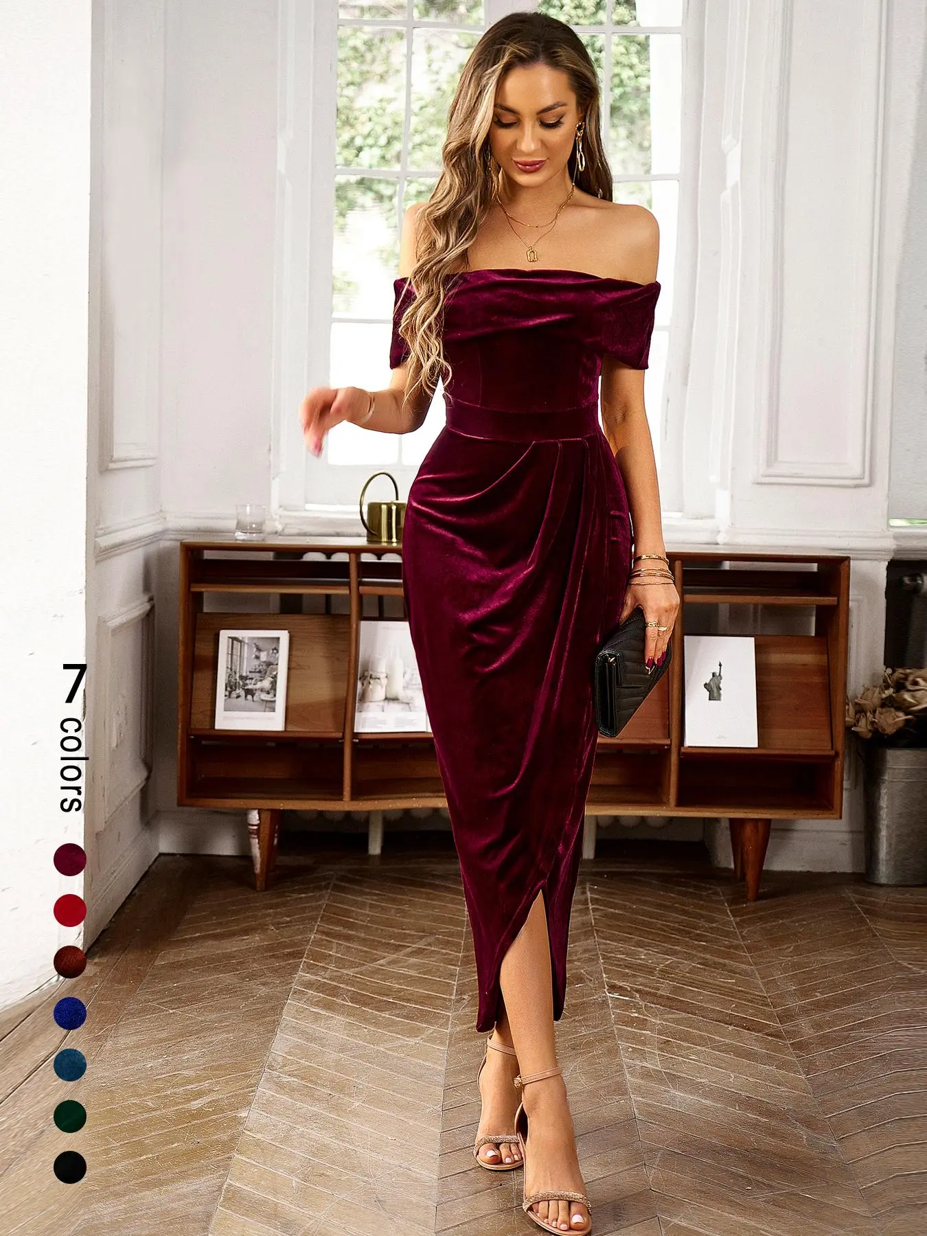 Women's Solid Color Ruched Dress, Elegant Off The Shoulder Dress for Party Dating Wear, Ladies Clothes for All Seasons Elegant Fashion Chic, Formal Evening Dress