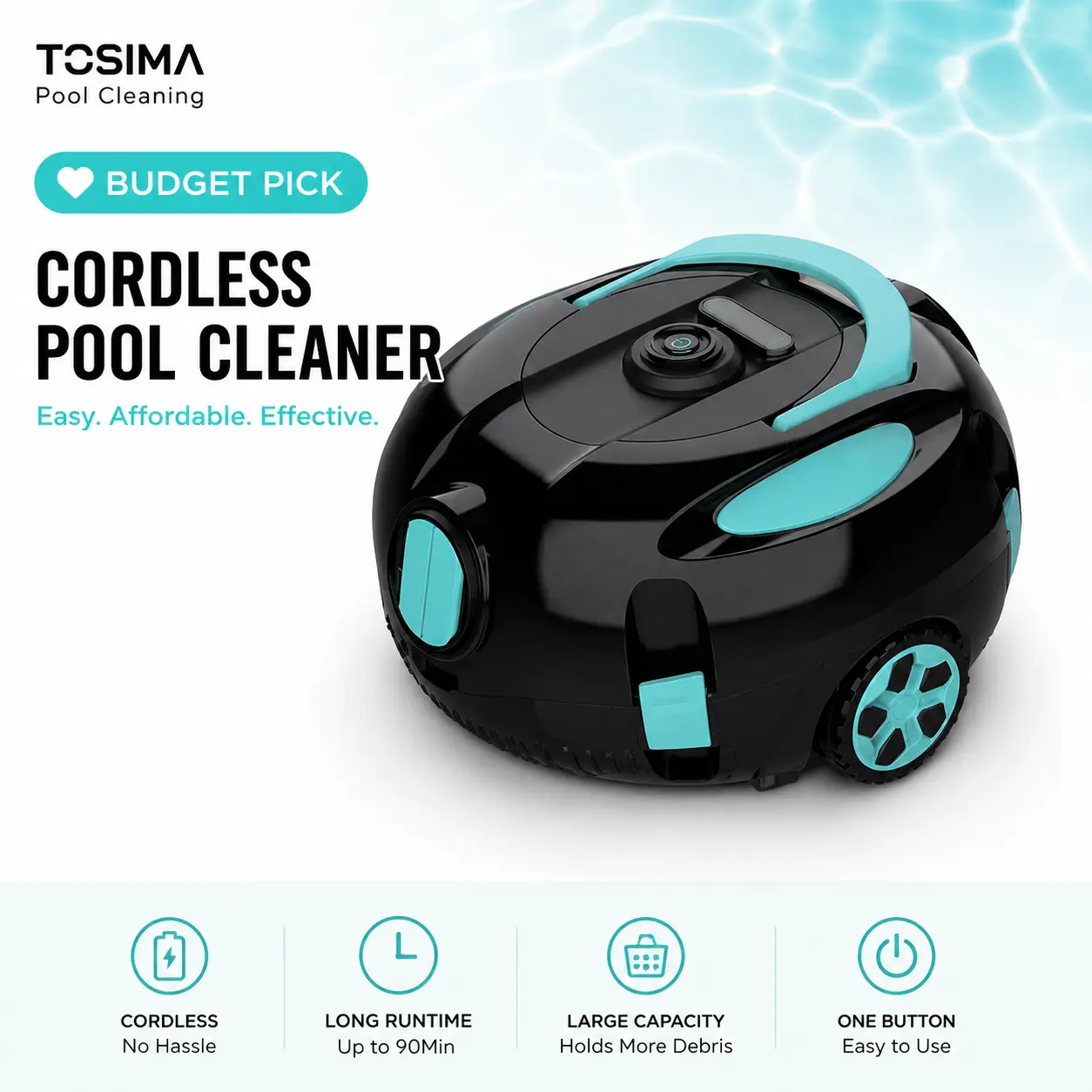 Tosima Cordless Robotic Pool Vacuum Cleaner H1 - Budget Auto Cleaning Vacuums with Batteries, Dual Motor Suction, Fine Filter System, Auto Park, Easy Retrieval for Above Ground Small Pools Maintenance & Debris Removal Under $100, Pool Vacuums, Easy Retrie