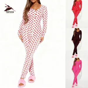 Womens Long Sleeve Button Down  Jumpsuit V Neck Bodycon Pajamas Onesie Novelty Print Sleepwear Loungewear
