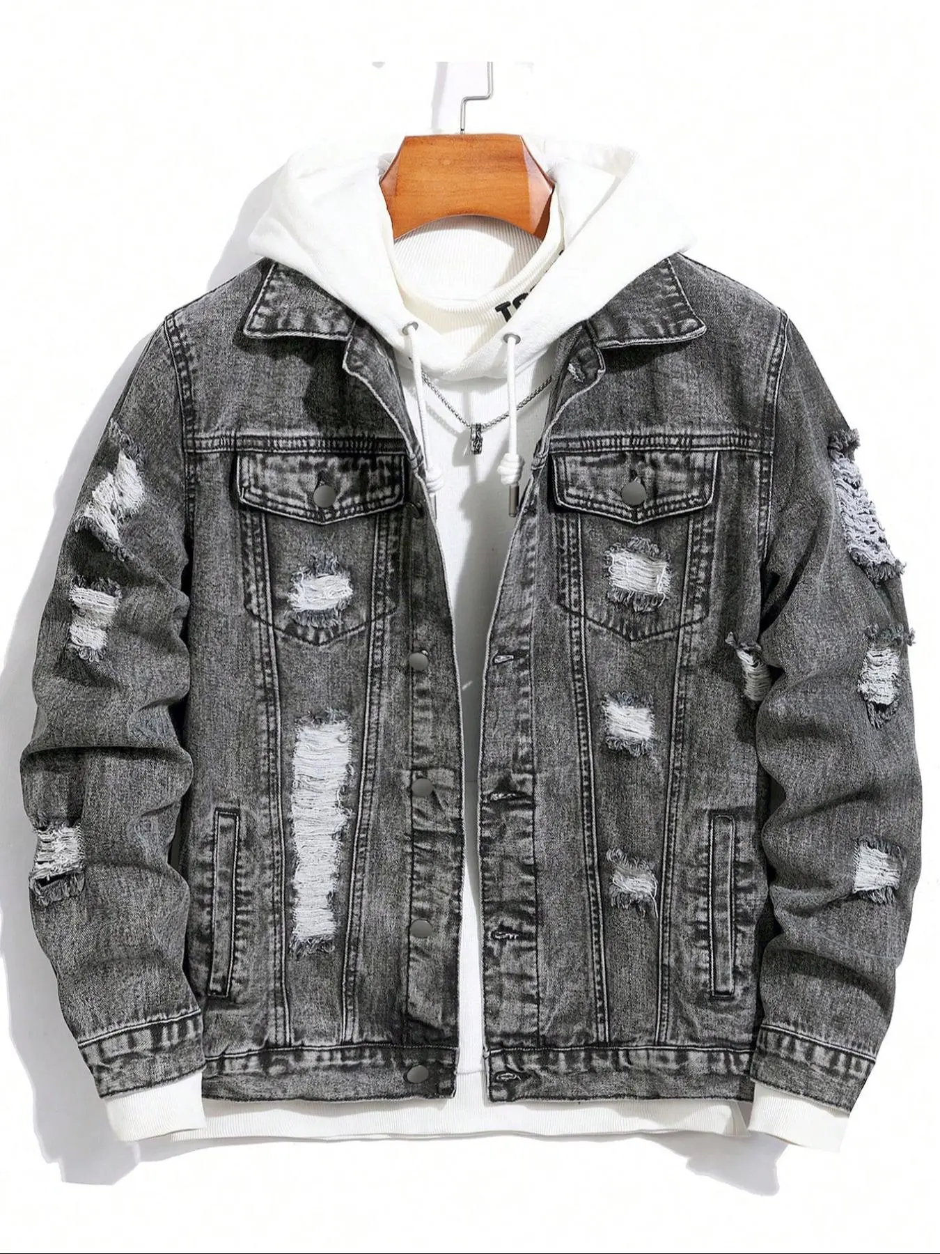 Men's Distressed Ripped Long-Sleeve Lightweight Denim Jacket, Regular Fit, Street Fashion Casual Comfy Button-Front Multi-Pocket Collared Outerwear for Daily Wear, Menswear for All Seasons, Casual Streetwear Jacket, Jacket with Pockets