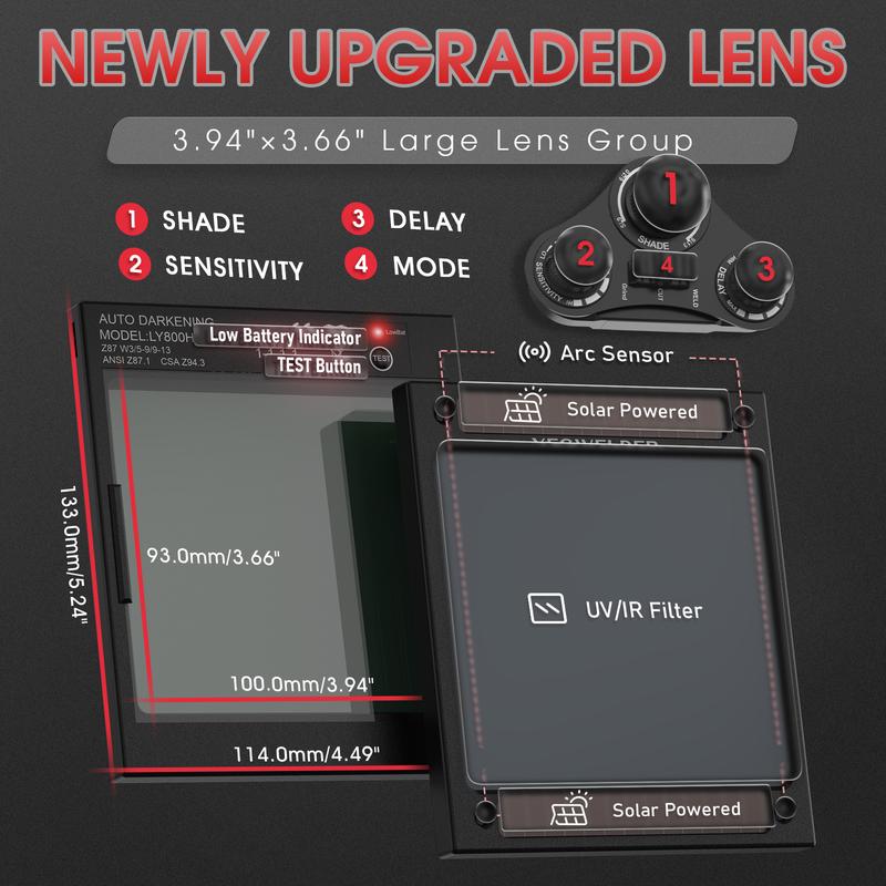 YESWELDER LYG-M800H True Color Auto Darkening Welding Helmet | Large 3.93"x3.66" View, 4 Arc Sensors Welding Mask | Wide Shade 3/5-13 Hood for TIG MIG ARC Grind