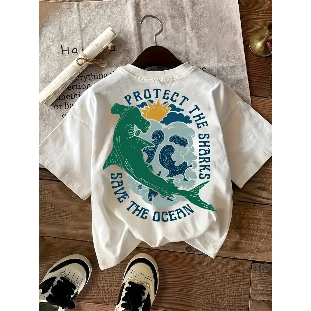 Women's Soft Cotton Casual Graphic Tee with Shark-Ocean Prints, Short-Sleeve Round Neck, Vintage Coastal Beach Vacation Sports Top for Everyday Outfits