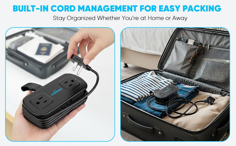 7-in-1 Power Strip with Switch-Cruise-Approved Travel Power Strip – POWSAF 20W Fast Charging 3 USB, 2 Three-Prong & 2 Two-Prong Outlets, No-Surge Extension with Cord Wrap & Strap for Hotel, Cruise & Travel