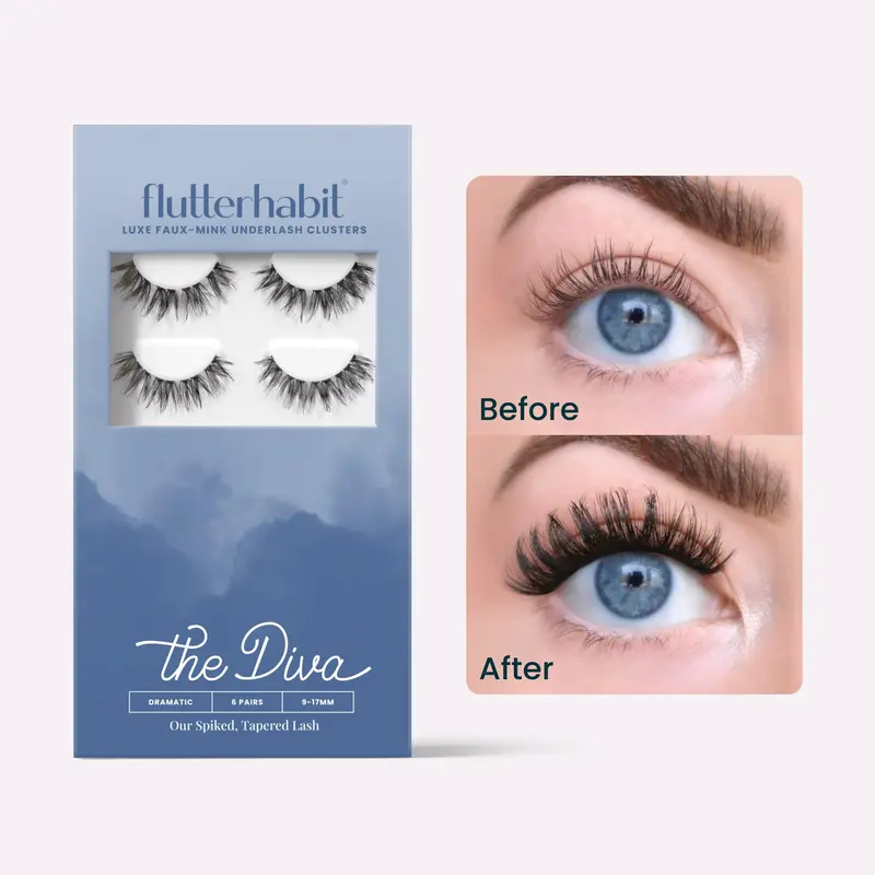 FlutterHabit The Diva Subtle Cat Eye Style Cluster Lashes DIY Lash Extensions 9-17mm Dramatic Look False Eyelashes 6 Pair Set Classic C Curl Long Wear Underlash Application