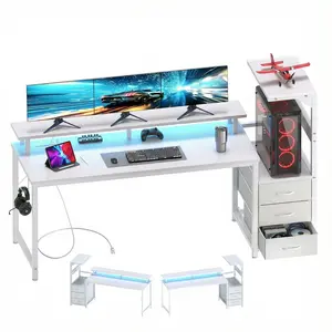 59" L-Shaped Gaming Desk with LED Lights & Power Outlets, Corner Computer Desk with Storage Shelves & Cable Management, PC Stand for Dual Monitor Setup, Home Office & Streaming Station