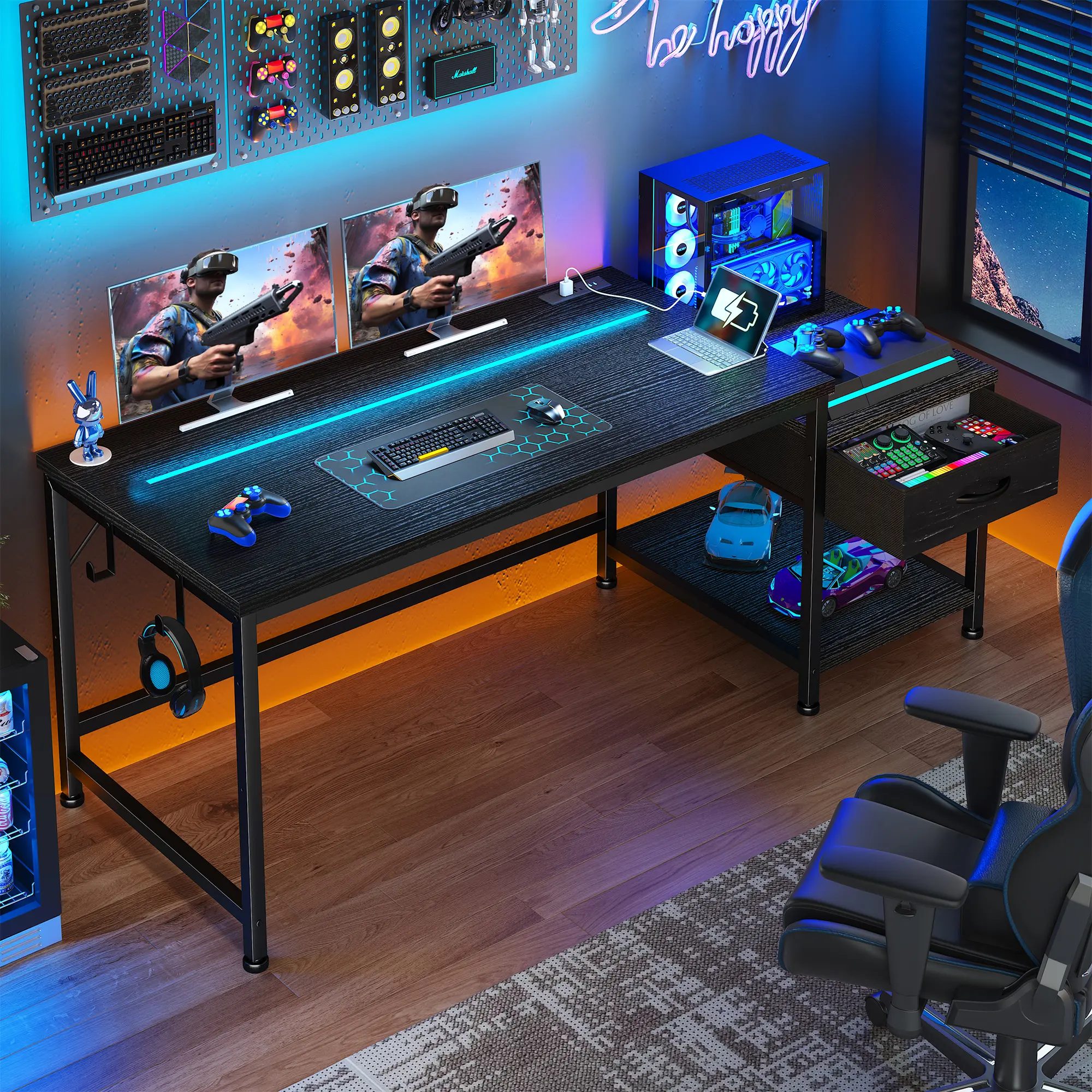 【Summerwins】#Back to school season Raybee 56'' LED lighting Gaming Desk with Fabric Drawer & Printer Stand shelf,Reversible Computer Desk with LED Lights & Power Outlets, Study Table with Hooks for Headphone,Home Office Work Desk for Bedroom,Dorm,Black