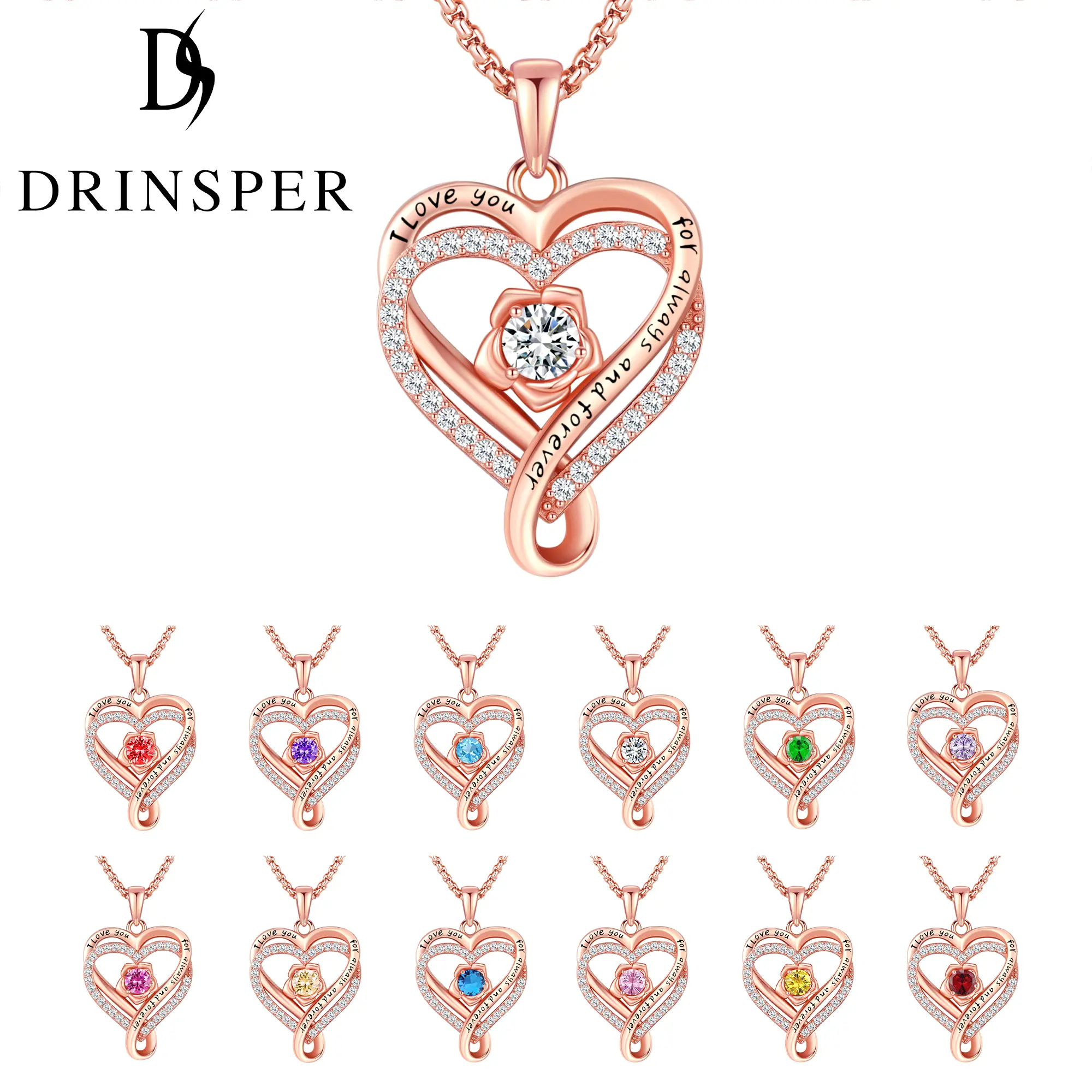 DRINSPER Elegant Birthstone Heart Necklace, Sparkly Rose Gold Heart Necklace, Trendy Necklace Fashion Matching Jewelry Accessories, Artificial Cubic Zirconia Decor, Cute Birthday Gift for Mom for Girlfriend for Women