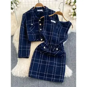 SnuggieTokAutumnDressSuitWomenLuxuryKoreanChicBlueTweedJacket+VestDressElegant2PieceSetLongSleeveCroppedCoat