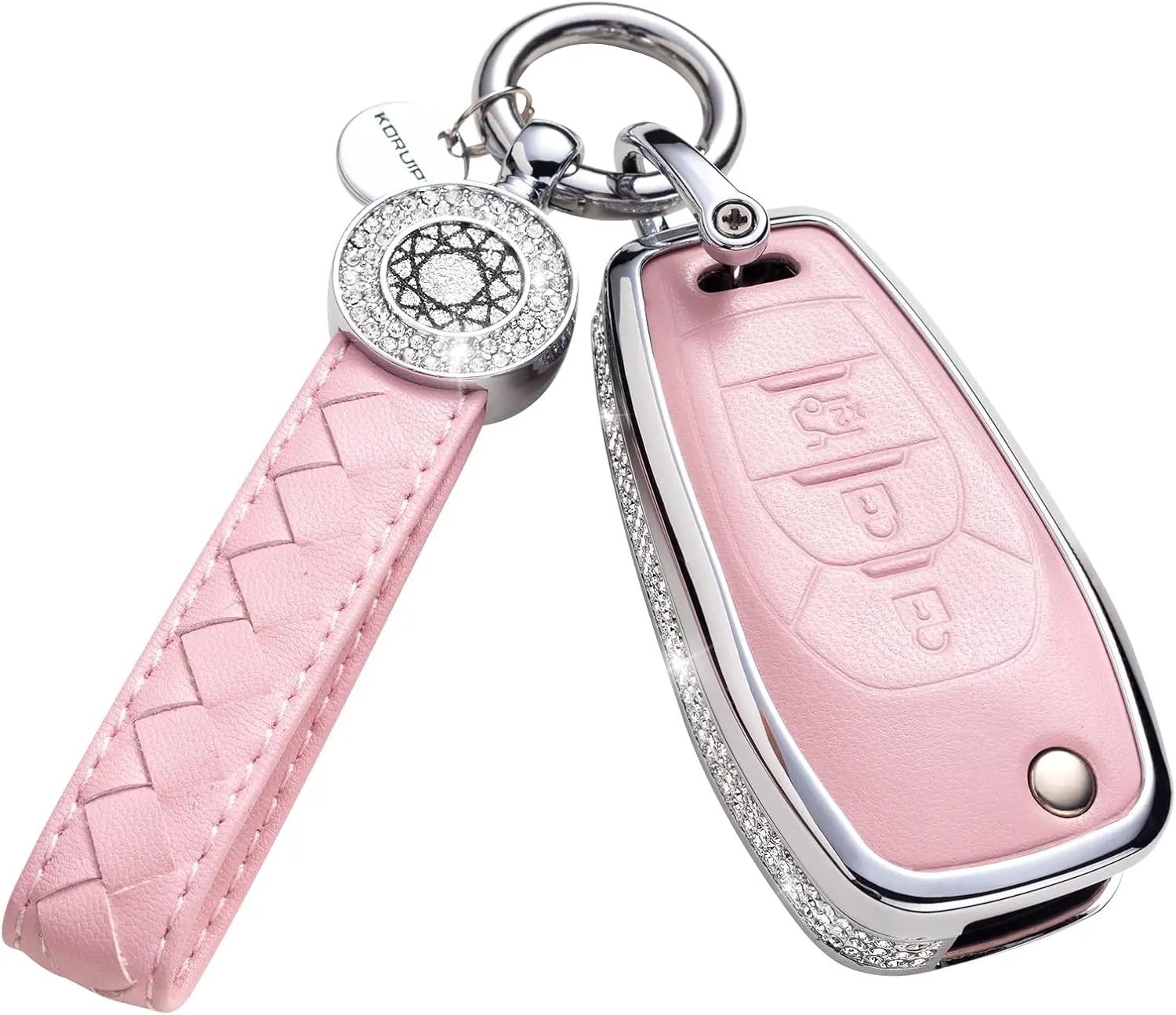 Genuine Leather Pink Chevrolet 4-Button Car Key Fob Cover with Keychain, Rhinestones, Signal Penetration, Full-Side Protection, Hand-Set Crystals, Polished Diamonds, Protector, Fit for Chevy A Vehicles, Fit For Chevy A, 4 Buttons, With Protector