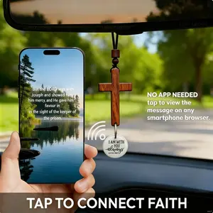 [Hot]Bible Verse Car Rearview Hanging Cross Ornament-Scan for Daily Scripture Christian Car Accessories Ideal Gift for Easter Xmas Solid Sandalwood Carved Cross for Car Mirror-"I Am With You Always" Christian Charm Religious Gift for Men Women Bible Study