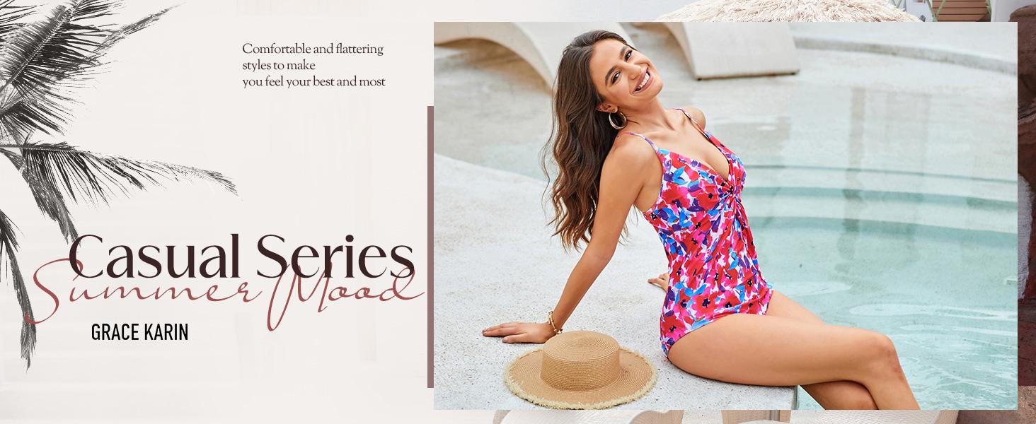 【Grace Karin】 Women's Two-piece set Swimsuits with Cover Up Skirt Tummy Control V Neck Bathing Suits