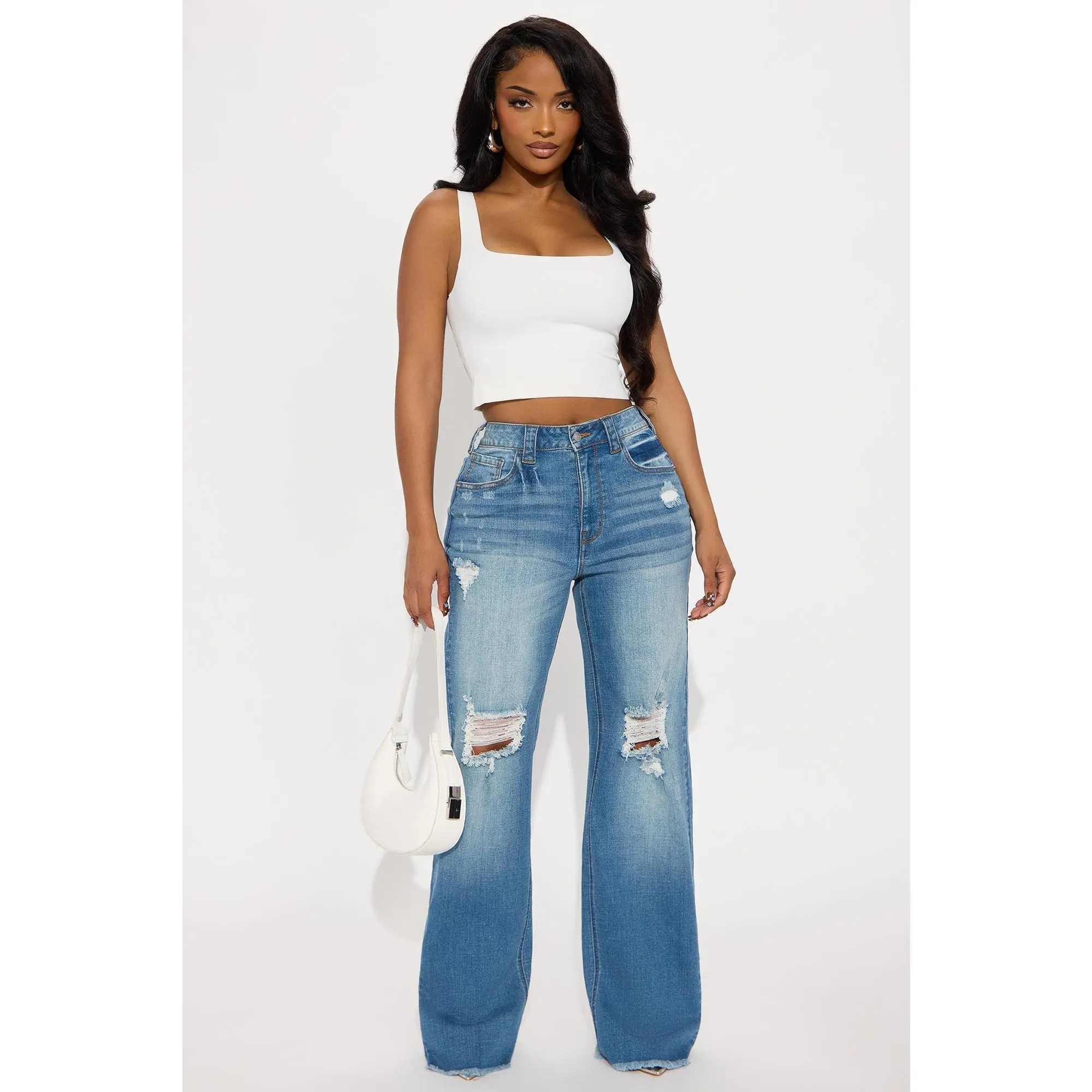 Coldwater Canyon Stretch Ripped Wide Leg Jeans - Medium Wash
