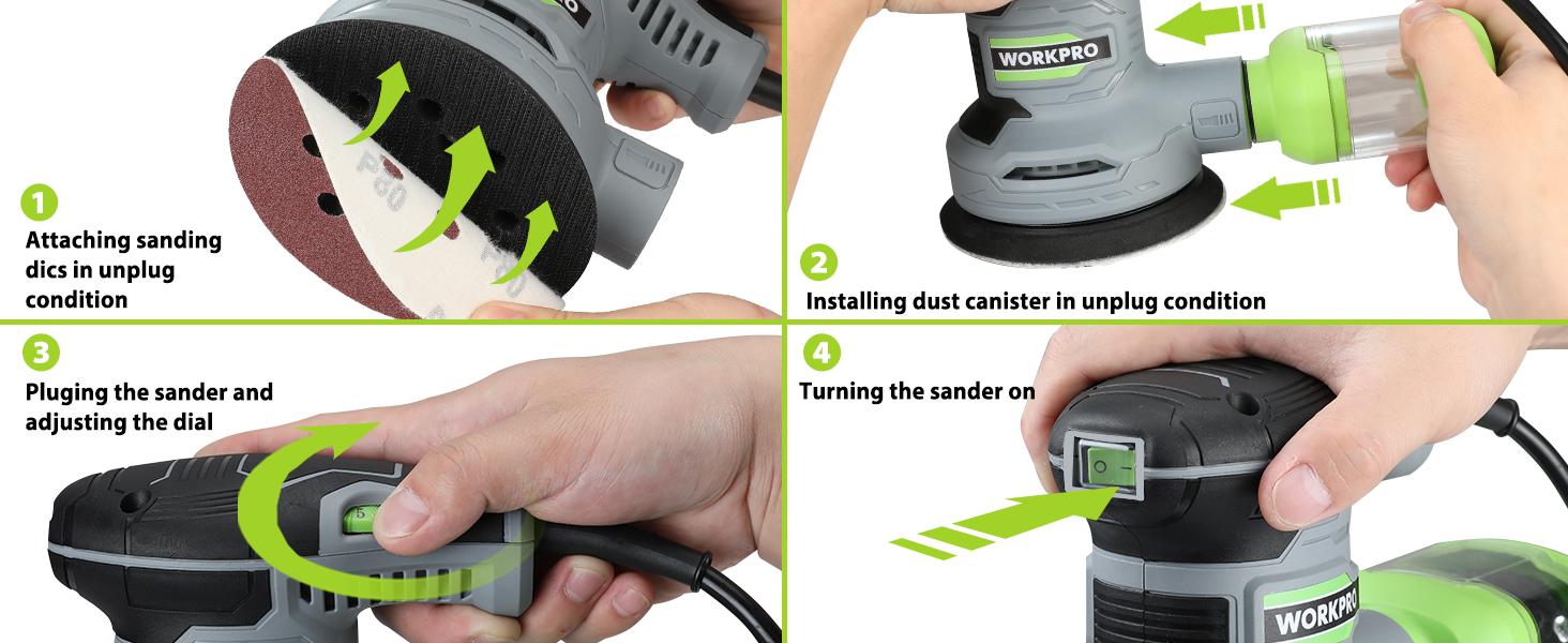 WORKPRO 5-Inch Random Orbit Sander, 6 Variable Speeds 7000 to 14000 RPM, 2.5 Amp Electric Sander for Woodworking with Dust Collector, 15pcs Sandpapers