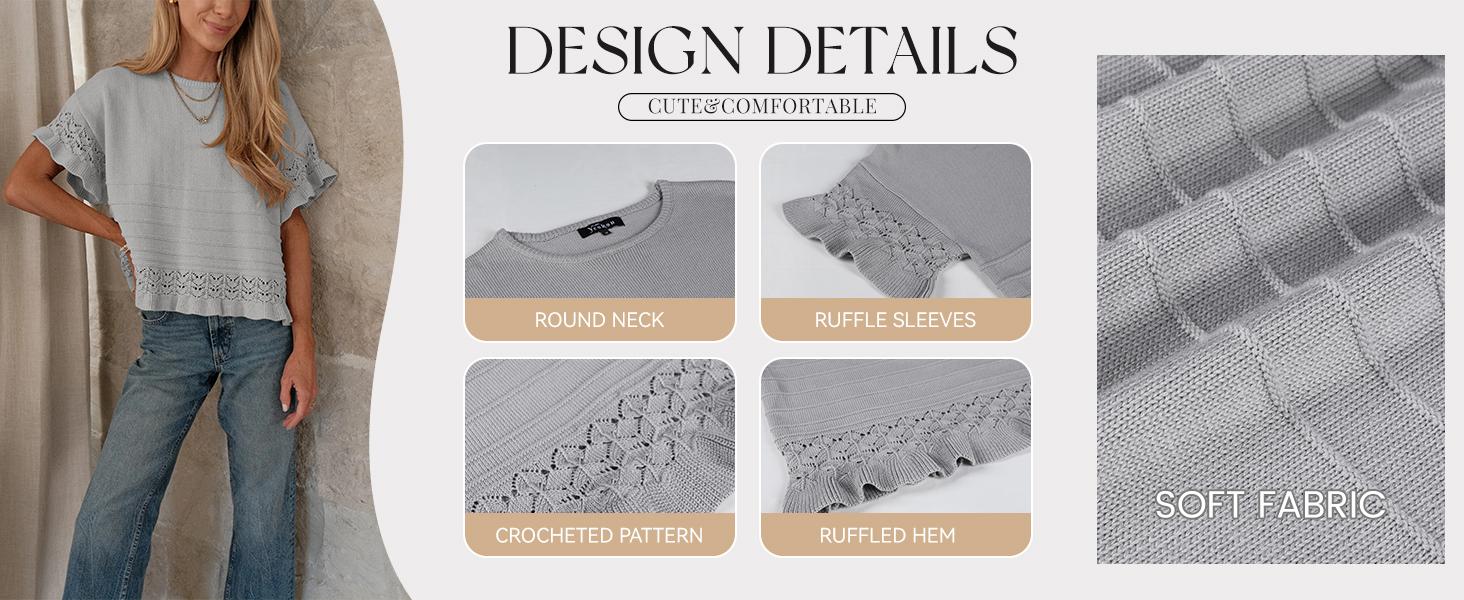Tanming Womens Short Sleeve Sweater Round Neck Ruffled Hem Knit Crochet Pullover Casual Top Blouse Springfresh Summer Outfit