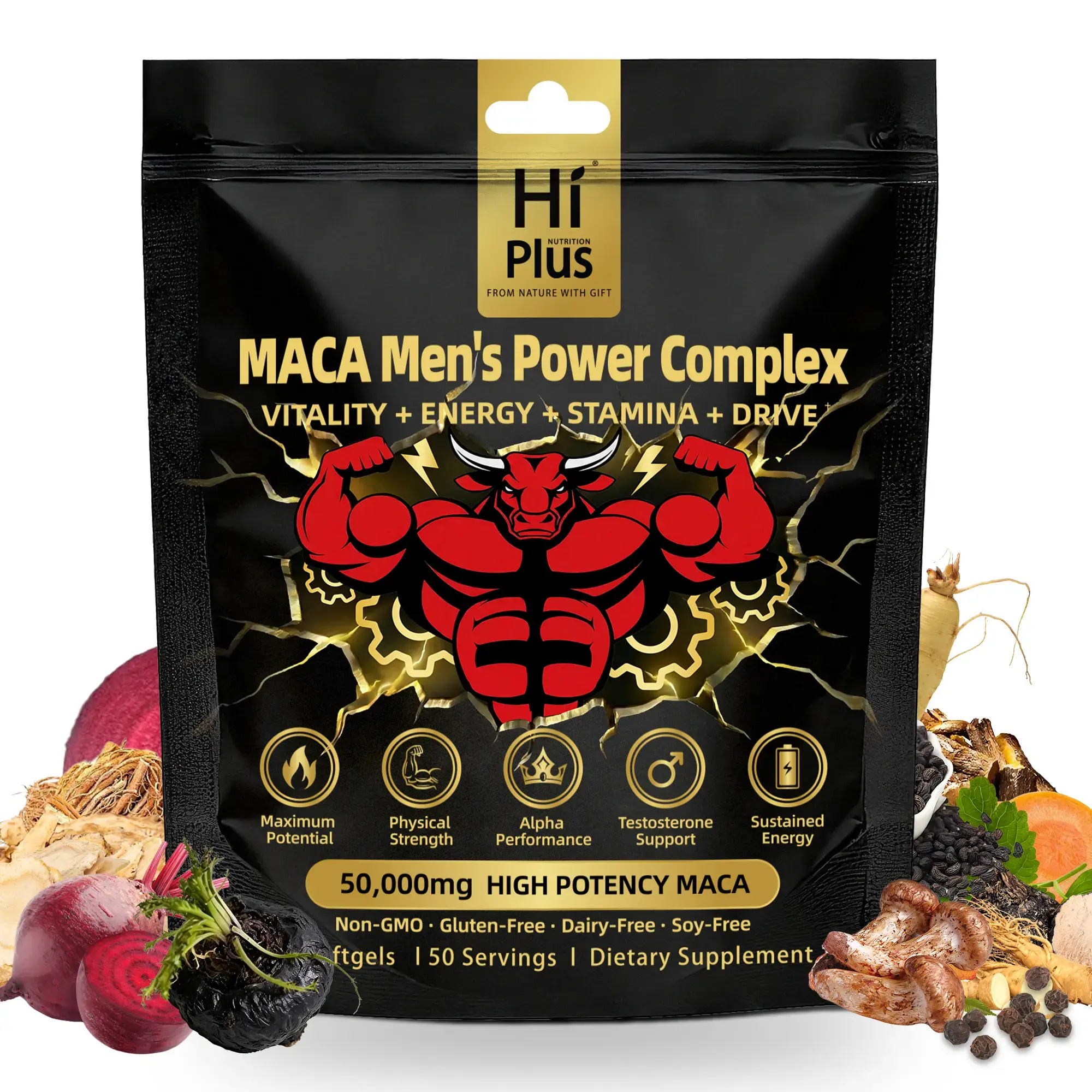 HiPlus Men's Testosterone Booster Power Complex FitneSS Supplement with Shilajit, Maca, Ashwagandha, Ginseng - Immune, Energy & Focus Support Pre-Workout Product (150/300 Softgels), Immune Support Pre-Workout Products