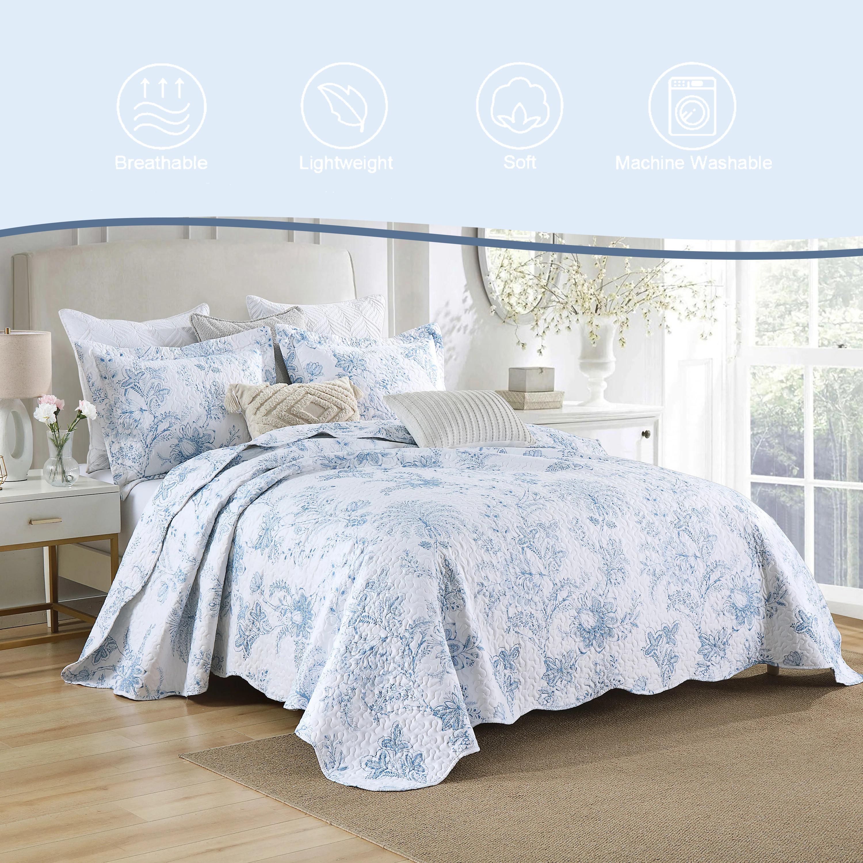 3-Piece Printed Floral Quilt Set in Blue & White Pattern - Lightweight Bedspread for Home Decor - Flat Weave Design Decorative Bedding Set Soft Bedding Sets Bedsheet Sets