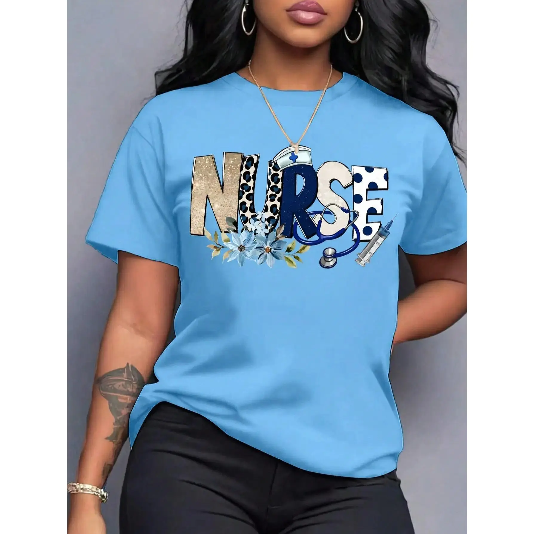 Women's Chic Short-Sleeve Cotton T-Shirt - 100% Soft Fabric, Casual Round Neck, Regular Fit, Machine Washable Nurse All Over Print Top for Valentines Day, Party