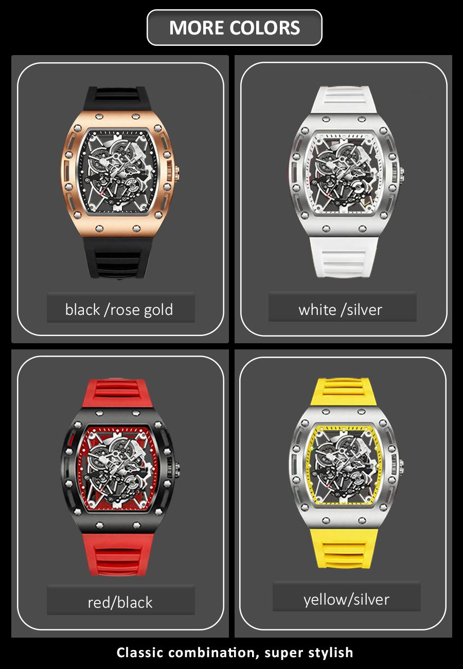 Men's Barrel-Shaped Skeleton Watch Black and Gold Tone Water Resistant 30M Quartz Analog Wristwatch with Silicone Strap for Daily & Outdoor Use Birthday Gift Idea