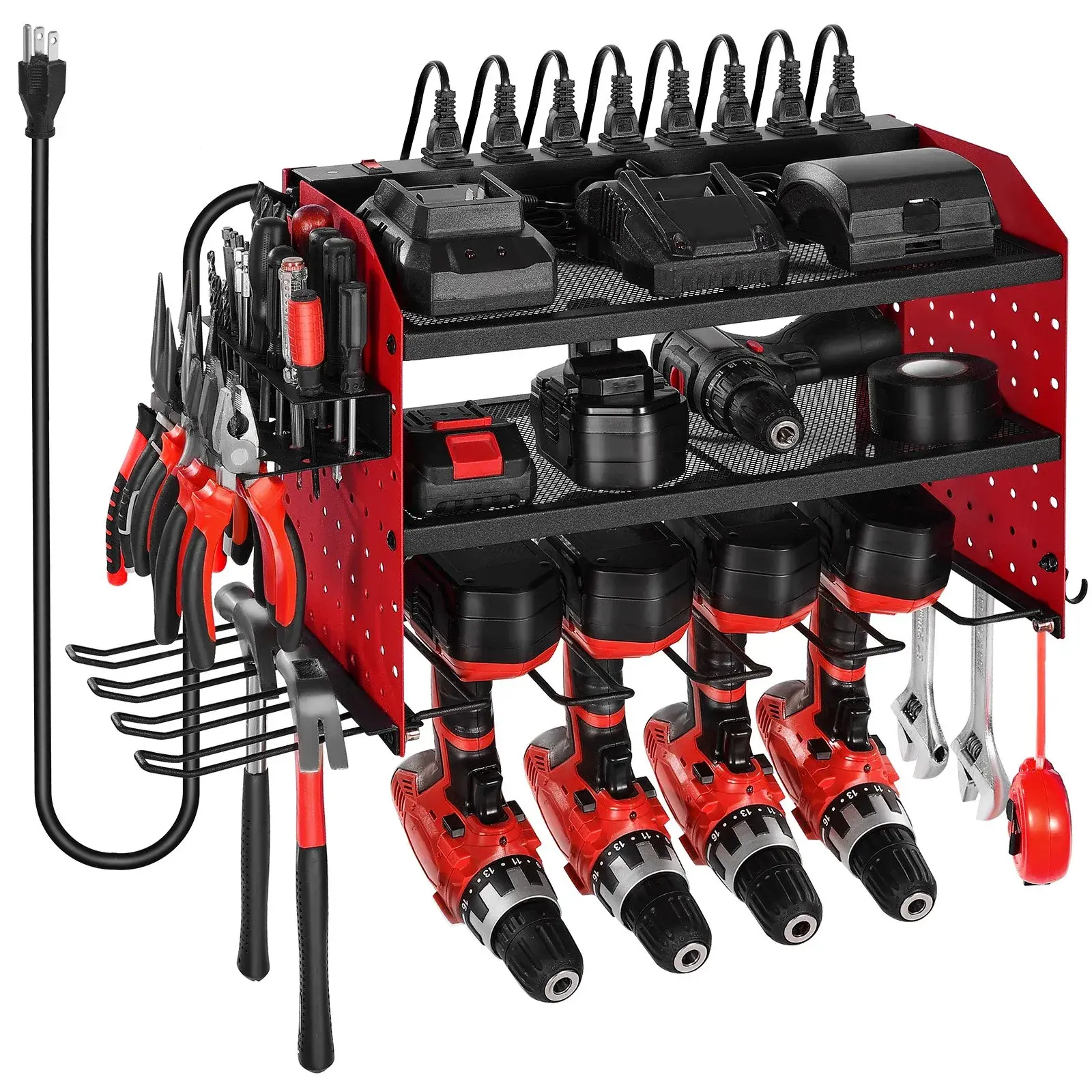 【Summerfinds】VEVOR Power Tool Organizer with Charging Station3-Layer Drill Storage Rack with 4 Drill Holders & Side Pegboard8-Outlet Power StripsConstruction Cordless Tool Organizer for Garage WorkbenchStorage Organization Solution, Construction Tool O