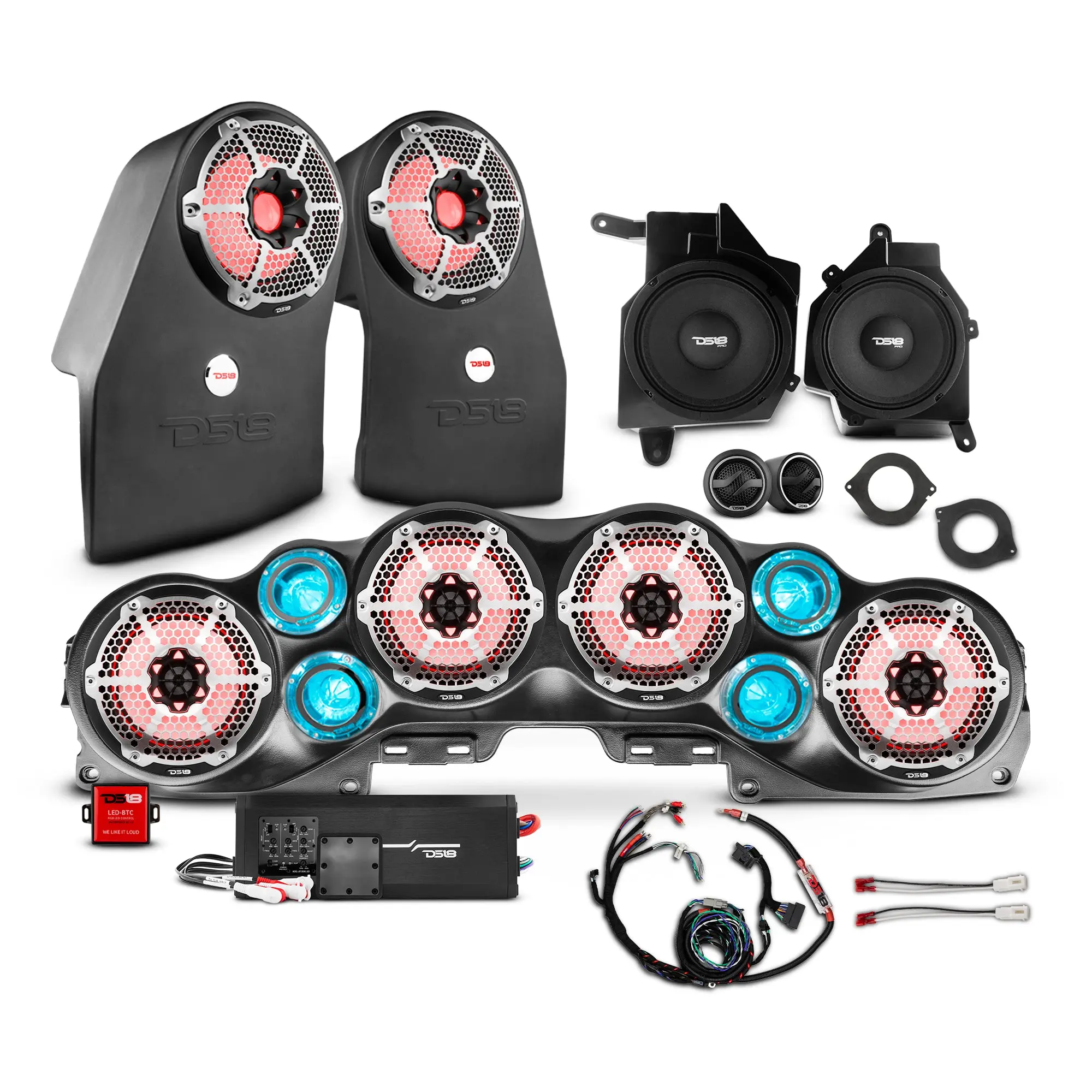 DS18 Off-Road Car Stereo Upgrade Package Set for Jeep JL Wrangler 2018-2023 - Plug-&-Play Complete Kit with Loaded Sound Bar, Dash Enclosures, Subwoofer, Amplifier, LED Lighting, UV Protection, IP65 Rated Immersive Sound