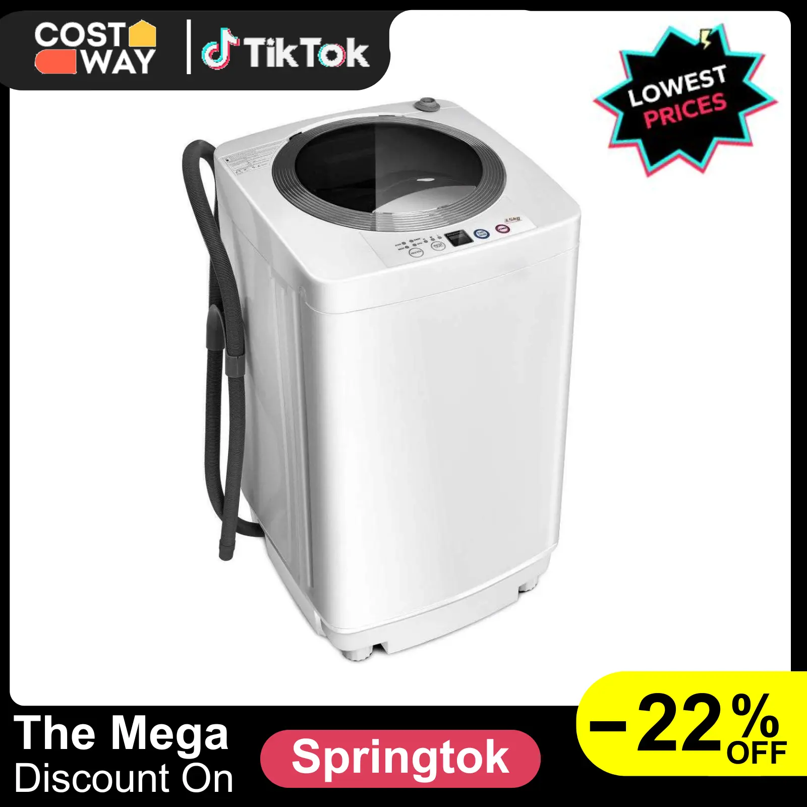Costway Full-Automatic Laundry Washing Machine - Portable Apartment Washer with Drain Pump, LED Display, Water Levels, Stainless Steel Components, Auto Balance for Dorm Users (Multiple Capacities Available), 16X16.5x29.5"