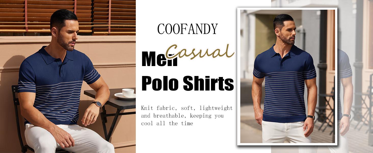 COOFANDY Men's Knit Polo Shirts Short Sleeve Striped Polo Shirt Fashion Casual Golf Shirts Breathable Menswear