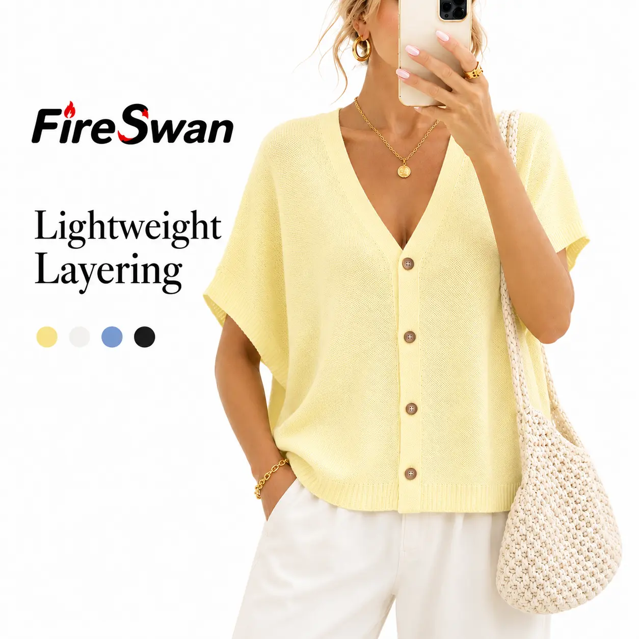 FireSwan Women's Lightweight Knit Cardigan, Batwing Short Sleeve Button-Down V-Neck , Breathable Summer & Early Fall Oversized Layering Top ,summerwins,back to school shopping Everyday