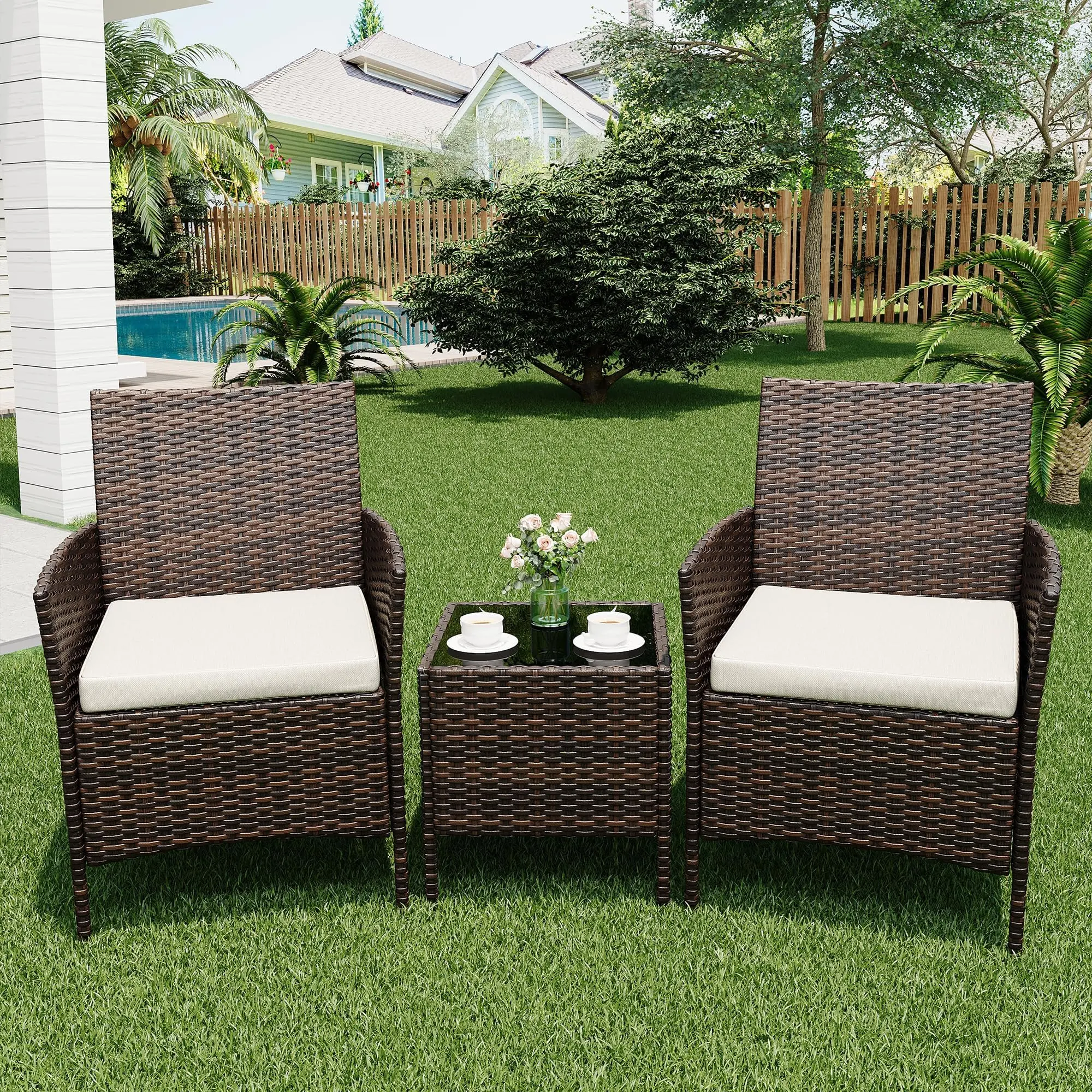 3-Piece Outdoor Patio Bistro Set – PE Rattan Conversation Furniture – Includes 2 Chairs & Coffee Table – All-Weather, Compact Design for Porch, Balcony, Garden – Ideal for Relaxing & Entertaining