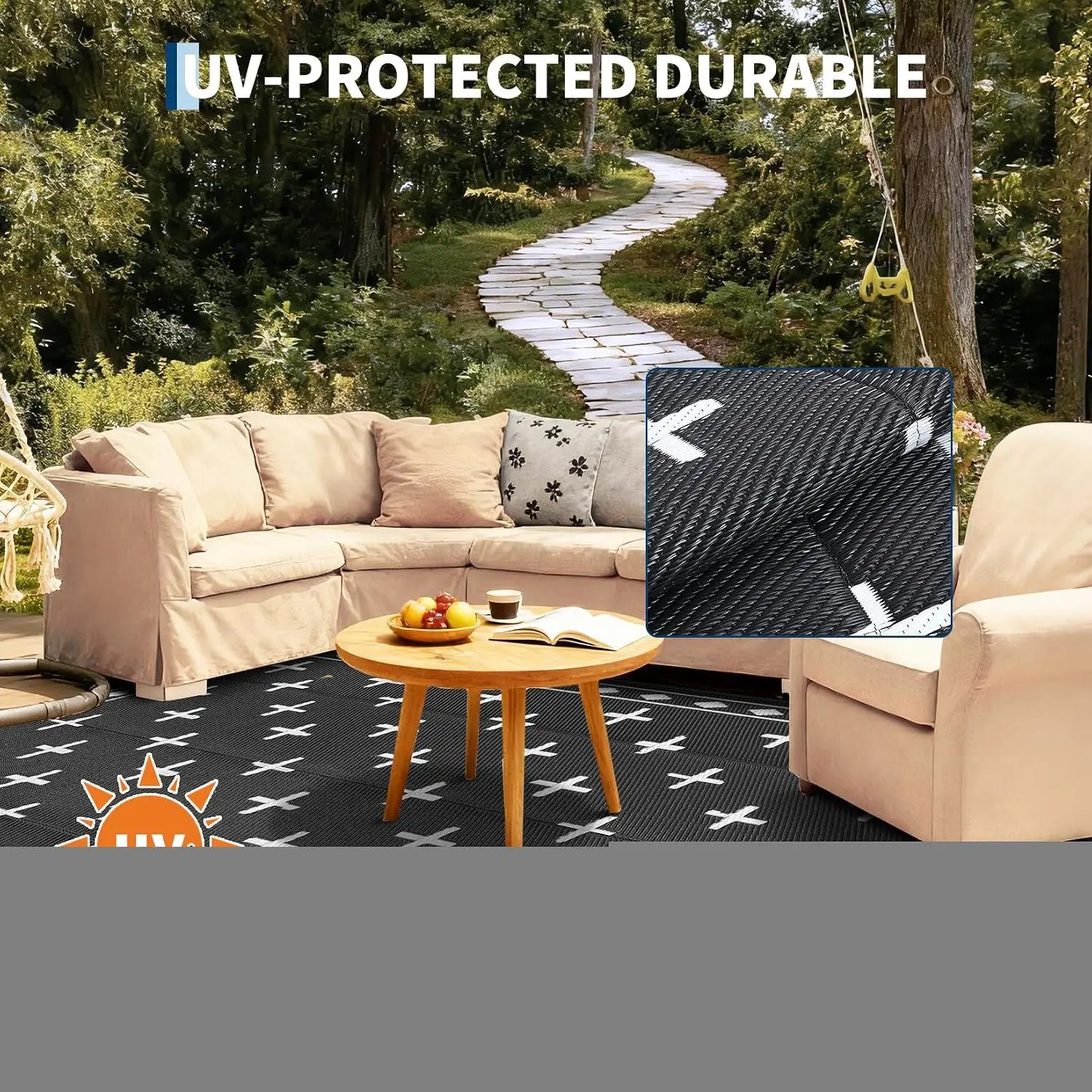 GARVEE 10x14 Outdoor Rug, Reversible Waterproof Plastic Straw Patio Mat with Geometric Border Design, Large RV Camping Rug for Deck, Balcony, Backyard, Picnic & Beach,Black White