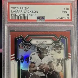 Panini 2023 Prizm Lamar Jackson #18 Red White & Blue Prizm Psa 9