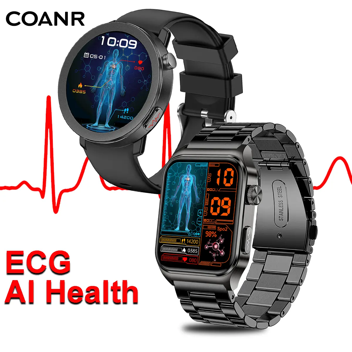 COANR Pulse 3 AI Health ECG Smart Wristwatch - 1.46-inch Screen, Advanced Chip, Bluetooth Call, Mobile Sync, Heart Rate/Sleep Detection, 100+ Exercise Modes, IP68 Waterproof, Unisex iOS/Android Fitness Devices (Black), Monitor, Wearable