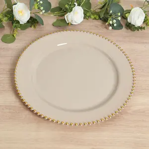 10-Pack Economy Plastic Charger Plates, 13" Round Taupe with Gold Beaded Rim - Stylish Serving Plates for Banquets, Plastic Plates