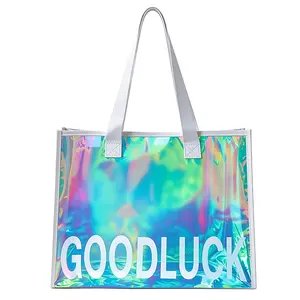 B2LOVER Holographic Iridescent Tote Bags Large Capacity Waterproof Beach Bag Transparent PVC Handbag for Work,Travel,Shopping