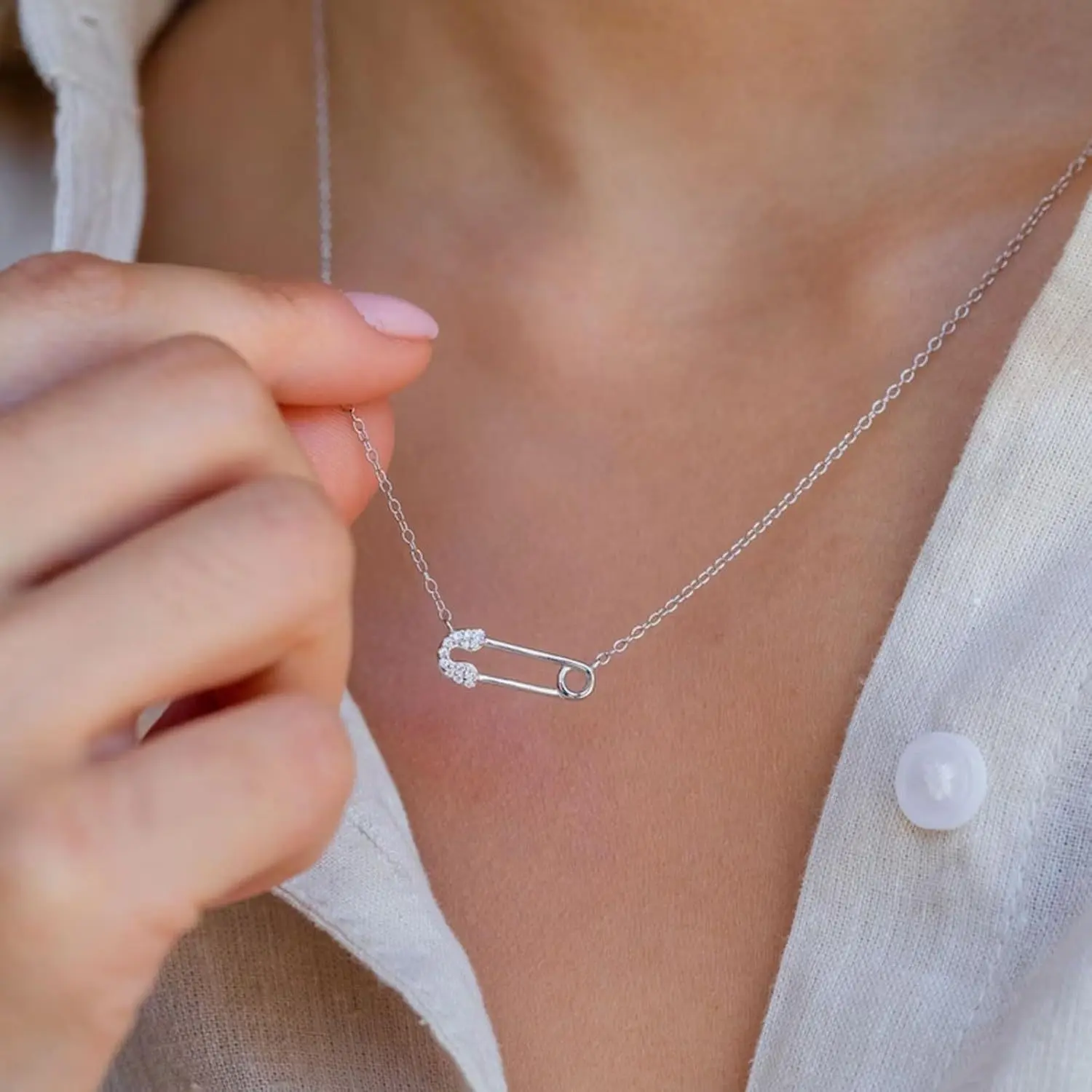 Silver zircon paperclip necklace