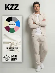 KZZ Spring Sporty Two-piece Set Men's Plain Zip Up Jacket & Drawstring Waist Pants Tracksuit Set, Men's Sportswear for Gym Workout Running, Casual Gym Wear, Tracksuit Outfit, Athletic Tracksuit, Casual Activewear,christmas gifts for him SpringStatements