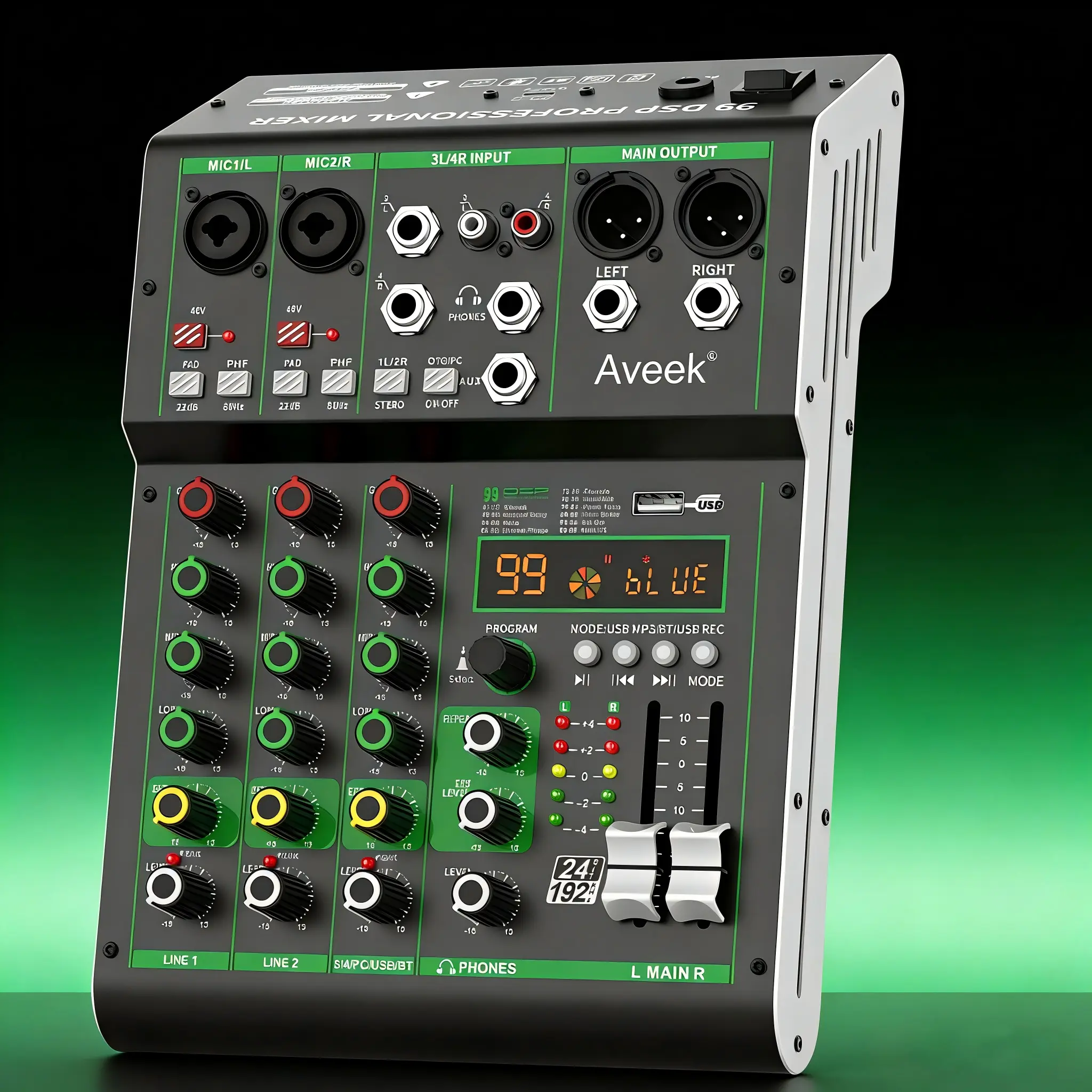 Aveek Professional 4-Channel Portable Stereo Sound Board Mixer - USB Drive, Bluetooth, Smartphone & PC Compatibility, 48V Phantom Power, 99 DSP Effects, Noise Reduction, Ports, Connectors for Music Production, Karaoke, Father's Day Gift Device