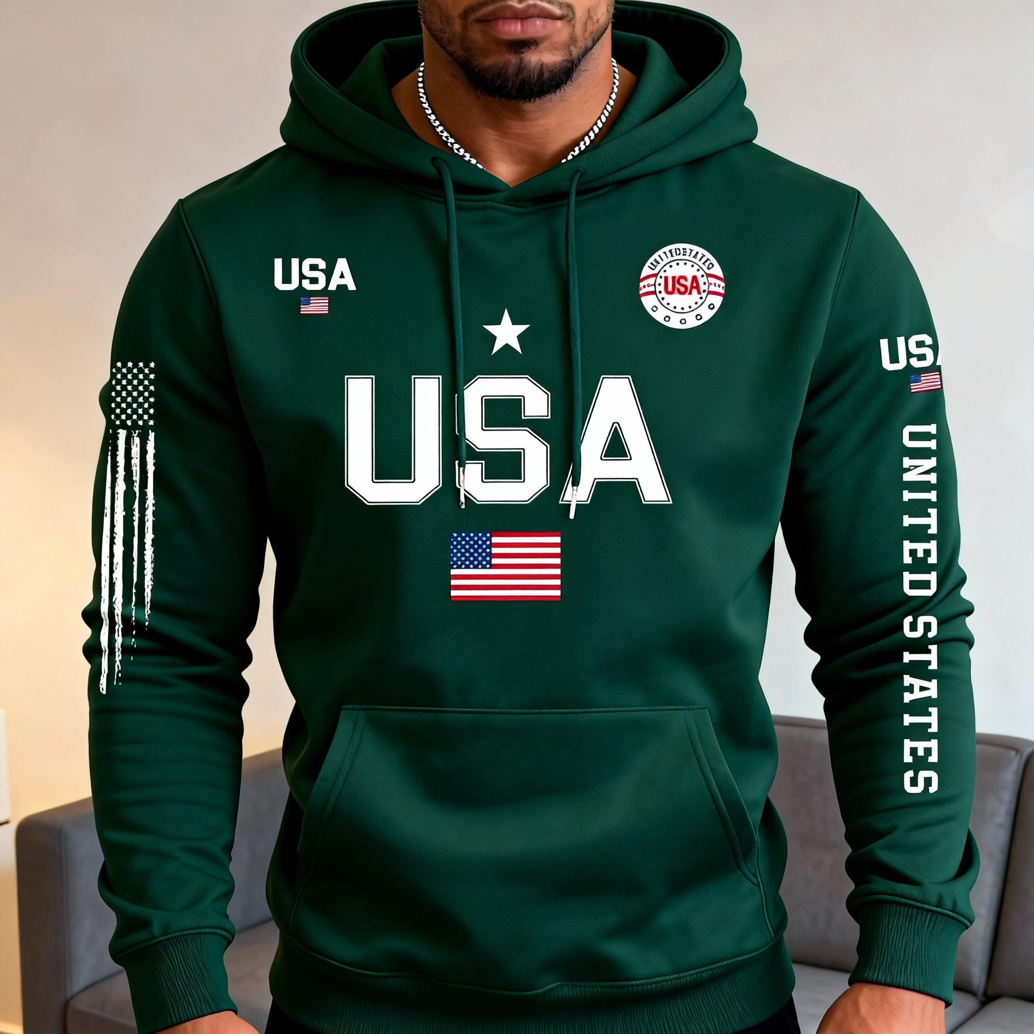 Trendy USA Graphic Hoodie for Men Multi-color Loose Fit Sports Hooded Top with American Flag Detail